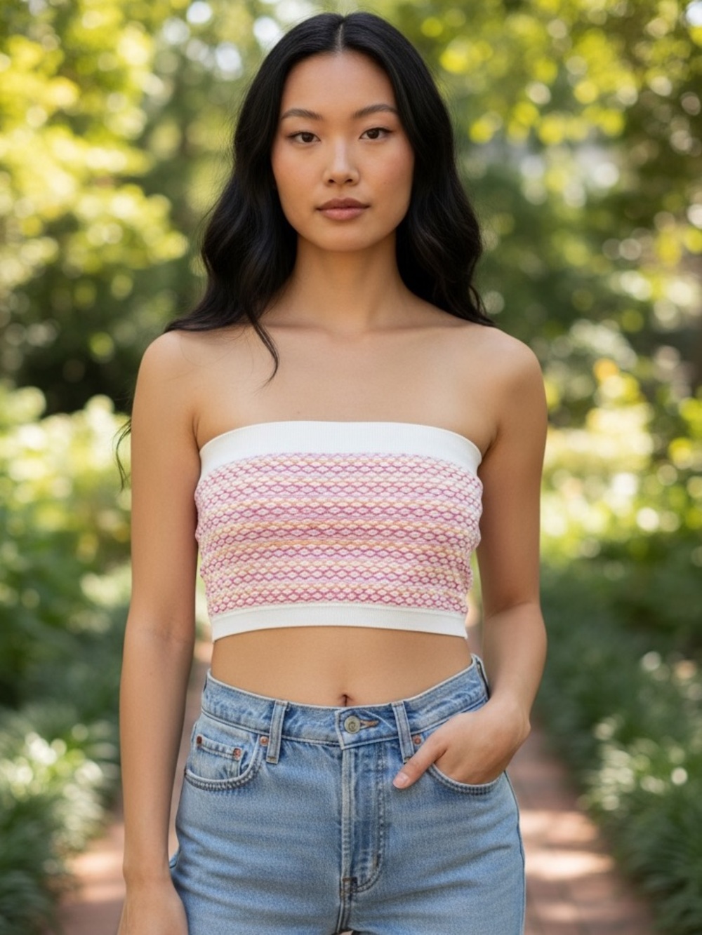 Textured White Bandeau Pink & Coral Geometric Pattern Jr.’s No Tags | GUC